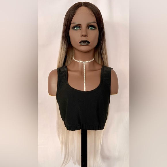 Long Gorgeous 36” Ombre Mocha Platinum Premium Fiber Lace Front Wig - Picture 5 of 8